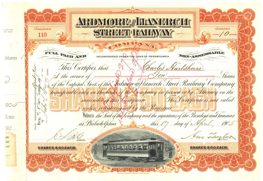 Ardmore /& Llanerch Street Railway Company Stock Certificate Pennsylvania